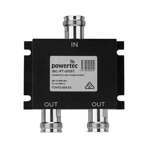 Powertec RF Power Divider 2-Way, 698 to 3800 MHz, 4.3-10 Female, Wilkinson - Main Image (106-PCM-PD2-6938.432)