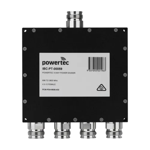 Powertec RF Power Divider 4-Way, 698 to 3800 MHz, 4.3-10 Female, Wilkinson - Main Image (106-PCM-PD4-6938.432)