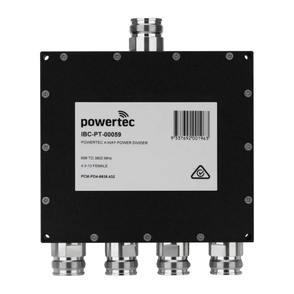 Powertec RF Power Divider 4-Way, 698 to 3800 MHz, 4.3-10 Female, Wilkinson - Main Image (106-PCM-PD4-6938.432)